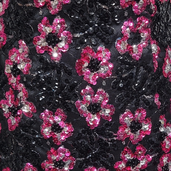 80s Vintage Alyce Designs Black Pink Sequin Floral Ruffle Bustier Mini Dress 6 - Picture 6 of 13